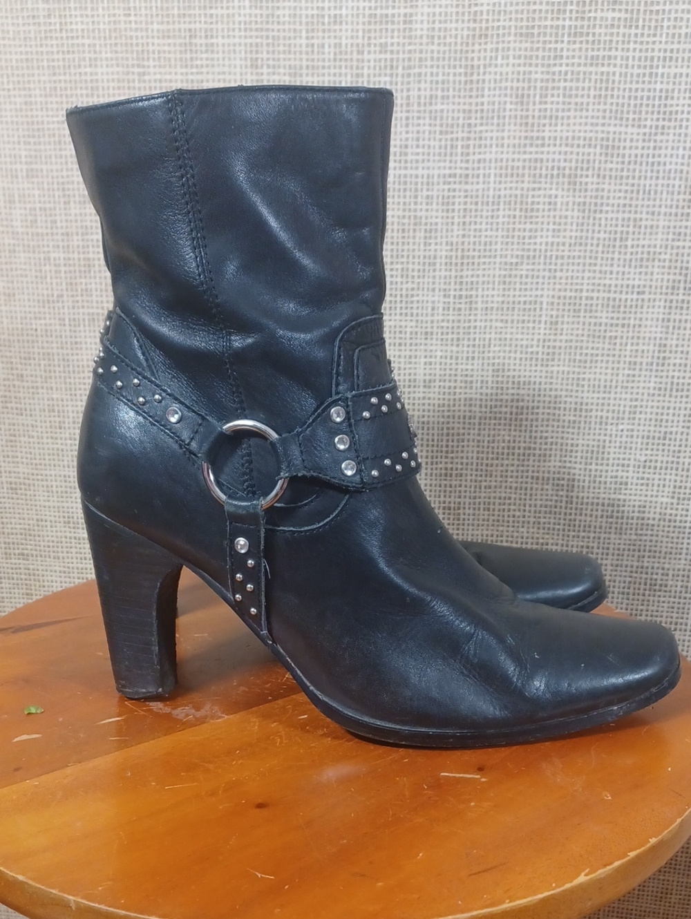 Harley-Davidson Black Leather Studded Mid-Calf Heel Boots